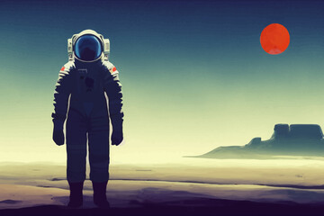 a spaceman standing alone on a deserted planet vector illustration