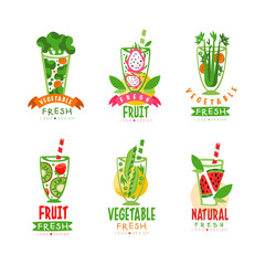 Wall Mural - Fresh Fruit and Vegetable Juice in Glass with Straw Logo Design Vector Set