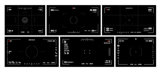 Video and photo camera viewfinder screen display frames. Videography device focus screen, DSLR camera interface vector grid. Camcorder overlay display with shutter speed, aperture, exposure indicator