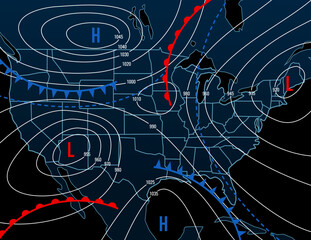 forecast weather isobar night map of usa. meteorology diagram with wind front and temperature. synop
