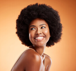 Poster - Black woman, african beauty and skincare health of luxury spa model with a smile on an orange studio background. Natural skin, healthy face and happy casual organic cosmetic afro hair treatment model