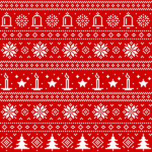 Christmas Sweater Seamless Pattern With Winter Holidays Vector Ornaments. Xmas Background With Knitted Texture, Red White Pattern Of Ugly Sweater With Christmas Trees, Snowflakes, Xmas Bells, Candles
