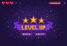 Level Up 8bit Game, Arcade Pixel Screen. PC Platform Console Victory Menu Mosaic Display. Game Level Complete Vector Background With Pixel Stars, Life Hearts Indicator, Interface Buttons