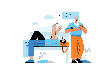 Aufkleber - People use gadgets concept with human scene in flat style. Man and woman using smartphones, scrolling feeds, networking and online communicate. Vector illustration with character design for web