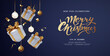 Christmas Realistic 3D trending backgrounds. Golden 3d gift boxes with golden ribbon hang on a dark background. Place for an inscription.