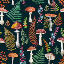 Fall Fern Leaves And Fly Agaric Mushrooms Seamless Watercolor Pattern Autumn Leaves Red Poison Mushrooms Autumn Print