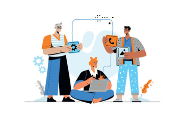 Poster - app development concept with human scene in flat style. man and woman working on code, develop inter
