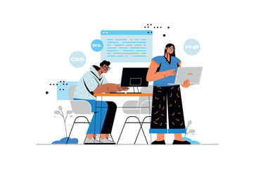 Wall Mural - Coding concept with human scene in flat style. Man and woman frontend and backend developers working with code, programming software and programs. Vector illustration with character design for web