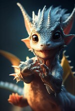 Vertical Closeup Of A 3D Rendering Of A Baby Dragon In The Dark Background