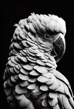 Vertical Grayscale Closeup Of A 3D Rendering Of Macaw Parrot On The Black Background