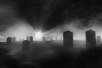 Wall Mural - tombstone silhouettes and full moon in dark scary graveyard