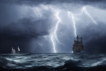 Ship On A Dark Stormy Sea With Big Waves 3d Illustration