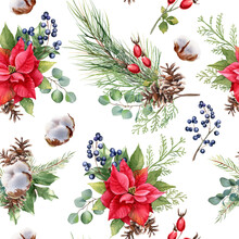 Christmas Floral Seamless Pattern. Watercolor Background. Poinsettia Flower, Pine Fir Spruce, Holly Berry. Red And Green Hand Painted Illustration For Fabric, Wrapping, Wallpaper.