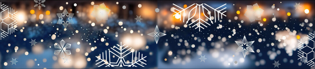 blue white and yellow art deco snowflake banner with blurred bokeh lights background