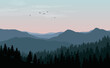 Vector landscape with blue silhouettes of mountains, hills and forest with sunset or dawn pink sky