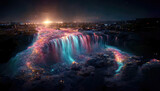 AI generated image of the Niagara falls lit up to look like deep space cosmos