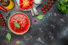Bowl Of Traditional Spanish Cold Soup Puree Gazpacho On A Dark Background. Detox And Healthy Superfoods Bowl Concept