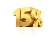 Golden fifteen percent on a white mirror surface. Illustration for business projects. Discount.