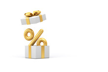  3d Render Illustration. Gift Box With Gold Percentage On A White Background.