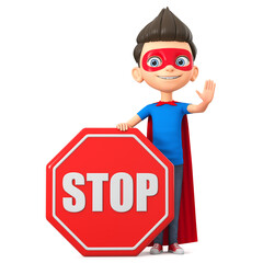 Wall Mural - Cartoon character boy in a super hero costume on a white background holding a stop sign. 3d render illustration.