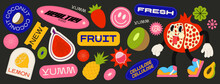 Collection Of Various Fruit Stickers, Labels, Tags, Stickers, Stamps For Shopping And Packaging. Fresh Product, Quality. Vector Set, Trendy Promo Labels