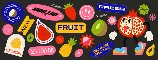 Canvas Print - Collection of various fruit stickers, labels, tags, stickers, stamps for shopping and packaging. fresh product, quality. Vector set, trendy promo labels