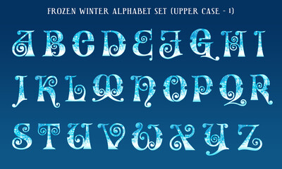 Poster - Frozen winter watercolor alphabet set, includes letters (uppercase and lowercase), numbers, and symbols. 
