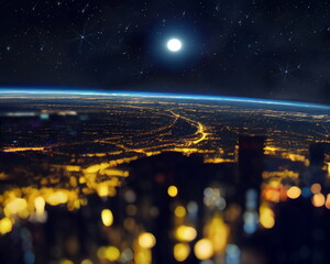 Wall Mural - cosmic view on night city from plain moon and starry light flares night town evening blurred light ,