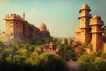 Chittorgarh Fort, India. The Largest Fort In India Looks Like A City Lost In Time. Digital Art Style