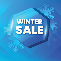 Sticker - Winter Sale Poster Design With 3D Shiny Hexagon Frame And Snowflakes On Blue Background.