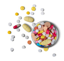 Wall Mural - Medicine pills, tablets and capsules on glass bowl