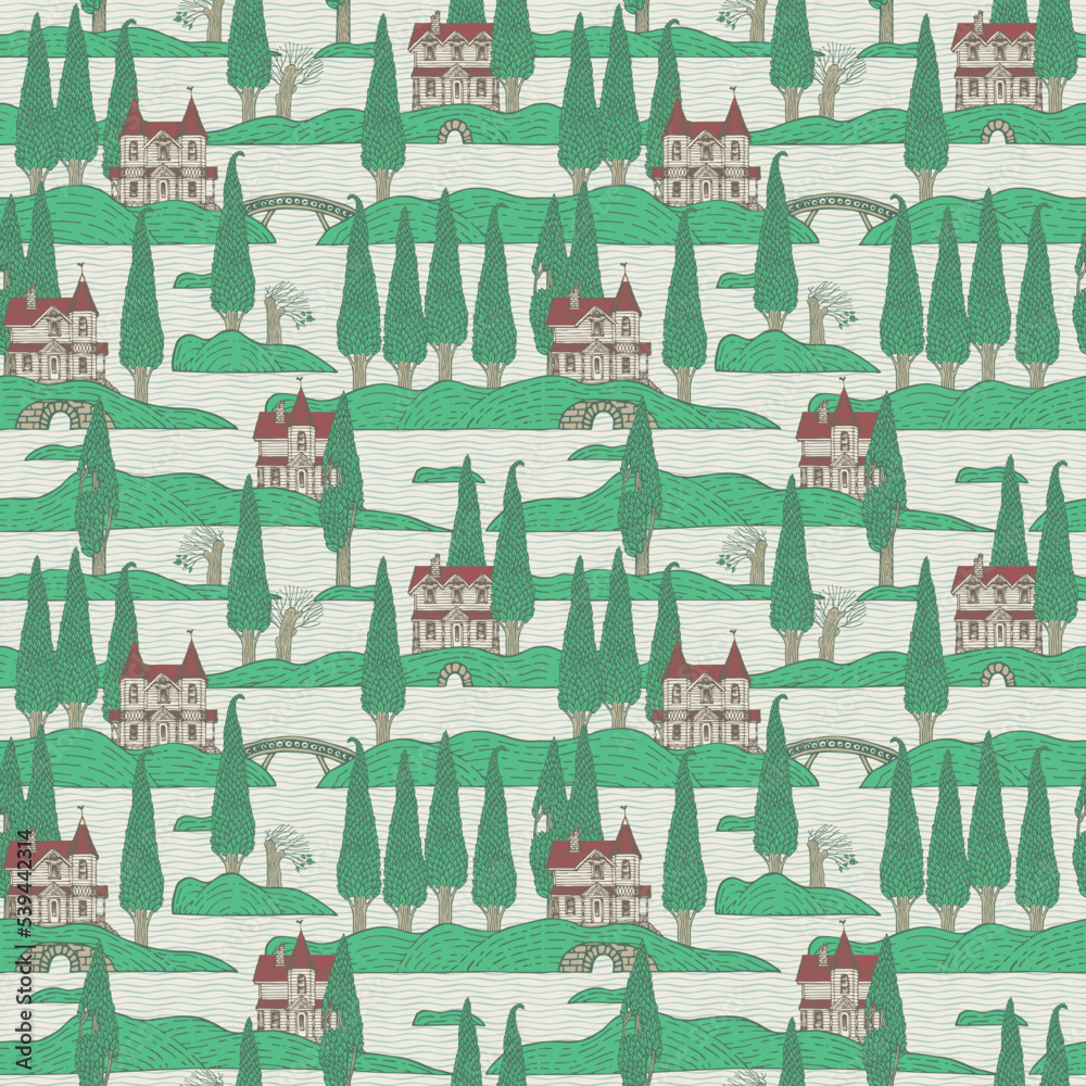 Cartoon seamless pattern with old houses, trees, islands and bridges on ...