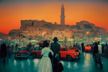 Digital Illustration Of A Couple Walking In Casablanca At Dusk. Cityscape View In The Background With Retro Cars. Cinematic And Filmic Vintage Illustration Of Romantic Sunset And Two Lovers Together