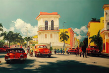 Vintage Red Cars In The Streets Of Havana In Cuba. Digital Art Illustration Featuring Vintage Vehicles Of Cuban Cities. Classic, Antique 1950's Car On The Street. Old School Motor In An Exotic Poster