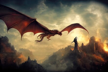 3D Rendering Of A Red Dragon Attacking In Mid Air Flight. Flying Fantastic Beast Illustration Concept Art. Mythical Dragon Fairytale Scene  In The Clouds. Dangerous And Aggressive Monster Lizard.