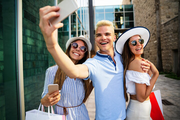 Sticker - Group of young friends people doing selfie after shopping