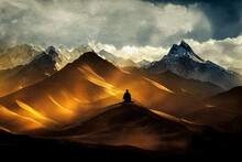 A Lone Monk Sitting On The Peak Illuminate By Sun Overlooking Scenic Mountains. A Monks Pilgrimage Meditating In An Orange Robe. Religious And Spiritual Mountain Range With A Silhouette Of A Buddhist