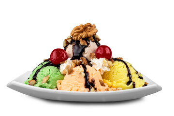 Wall Mural - Ice cream scoop  with vanilla, chocolate and berry scoops and topping