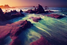 Glass Beach, California, USA. A Beach Buried In Colorful Sea Glass. Digital Art Style Painting