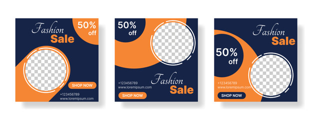 Wall Mural - collection of fashion sale banner for social media post in dark blue and orange color. vector illustration