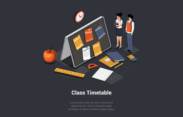 concept of class timetable. education digital calendar, online learning. male and female characters 