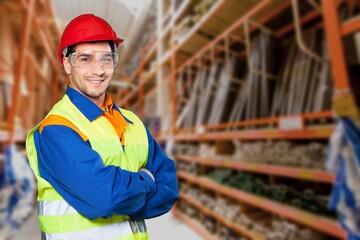 Adult man posing at work in warehouse