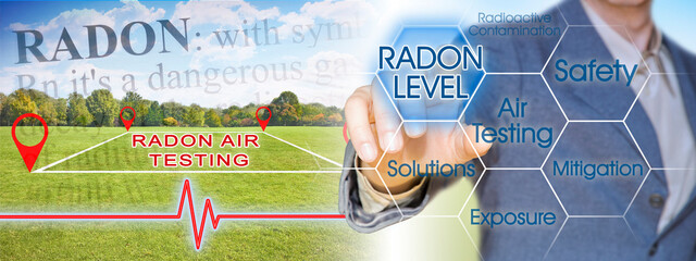 The danger of radon gas in our homes - concept image with check-up chart about radon level testing and business manager pointing to icons against a digital display