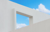Fototapeta  - White Wall texture of concrete with open window against blue sky and clouds inSummer, Exterior Cement building with border frame with Spring sky,Ant view Modern architecture. Minimal design