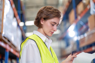 Worker in warehouse hold tablet check list perform inventory stock check goods boxes on the storage steel racking for annual report