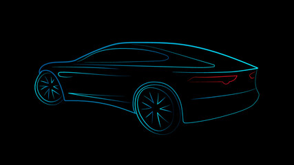 Modern sport car side view sketch line silhouette blue green light isolated on black background. Vector illustration for AI concept technology of electric vehicle, self-driving car