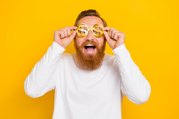 Wall Mural - Photo of hooray beard orange hair man wear eyewear white shirt isolated on yellow color background