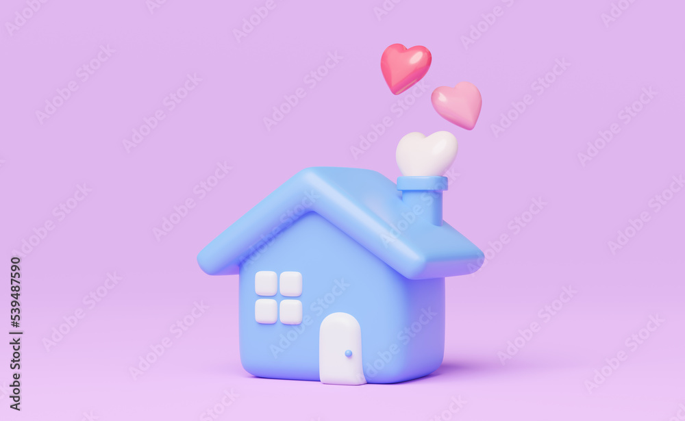 3d blue house with pink heart smoke. Cute home model of care and love ...