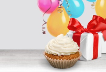 Poster - Tasty sweet cupcake and presents for birthday party