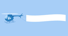 Blue Helicopter In Cartoon Style On Blue Sky With Banner